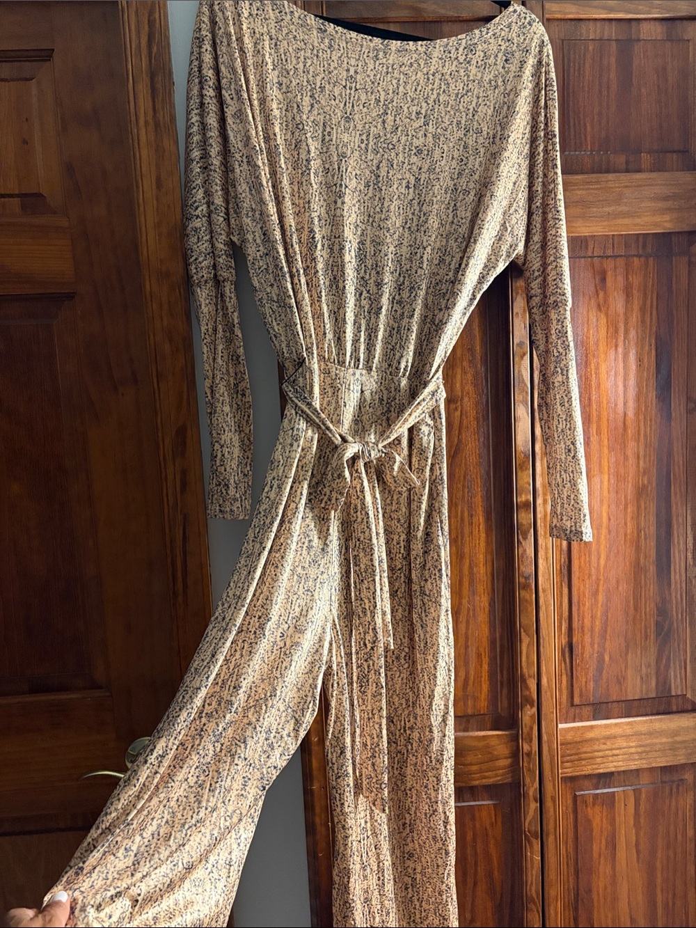 Long Sleeve Jumpsuit with Waist Tie in Neutral Speckle